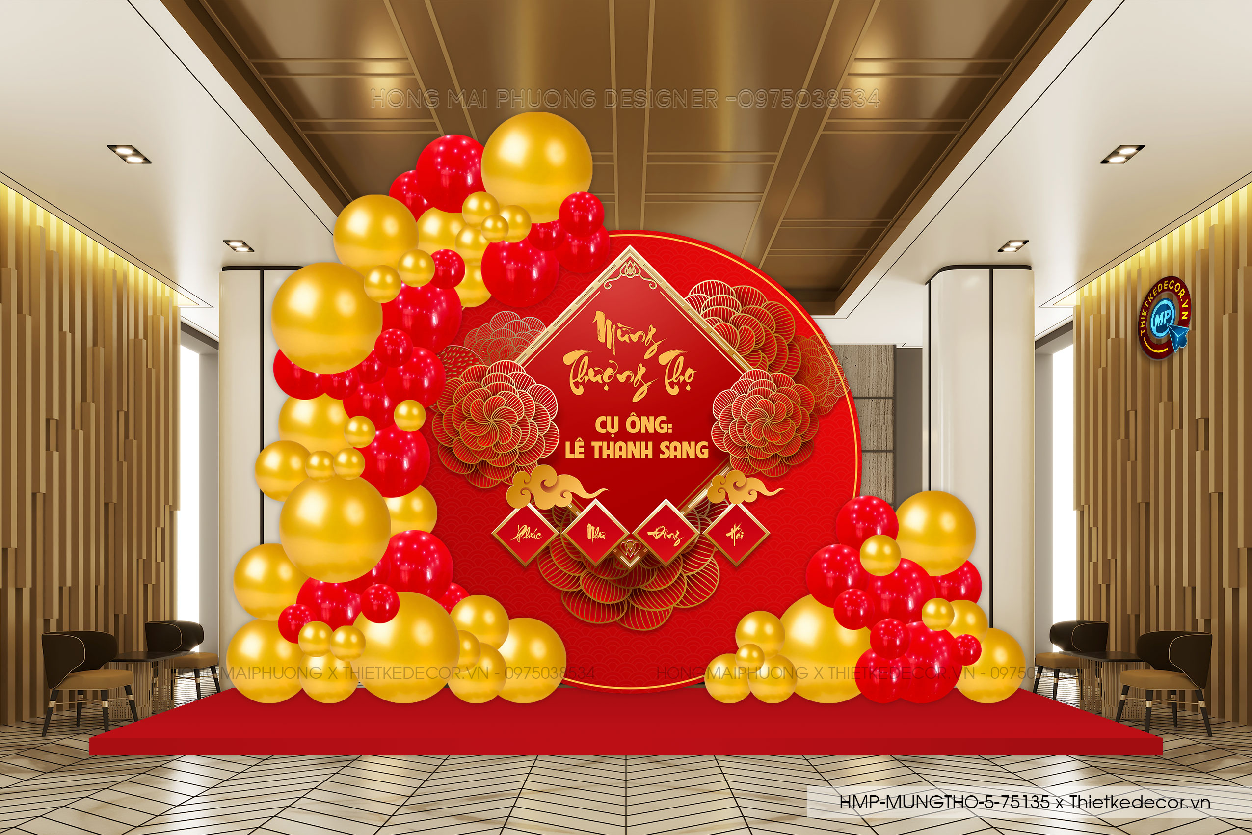 File thiết kế trang trí tiệc mừng thọ tone đỏ vàng sang trọng